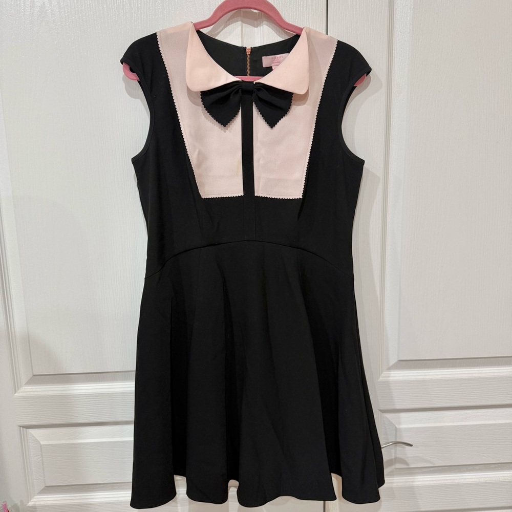 Ted Baker Black Mini Dress with Pale Pink Bib and Black Bow